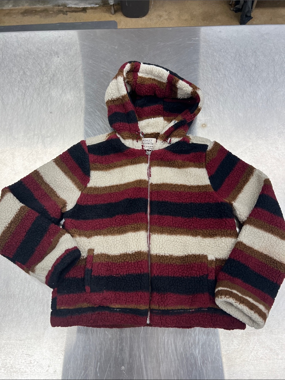 Ashley By 26 International Striped Sherpa Hoodie - Burgundy, Cream, Black, Brown